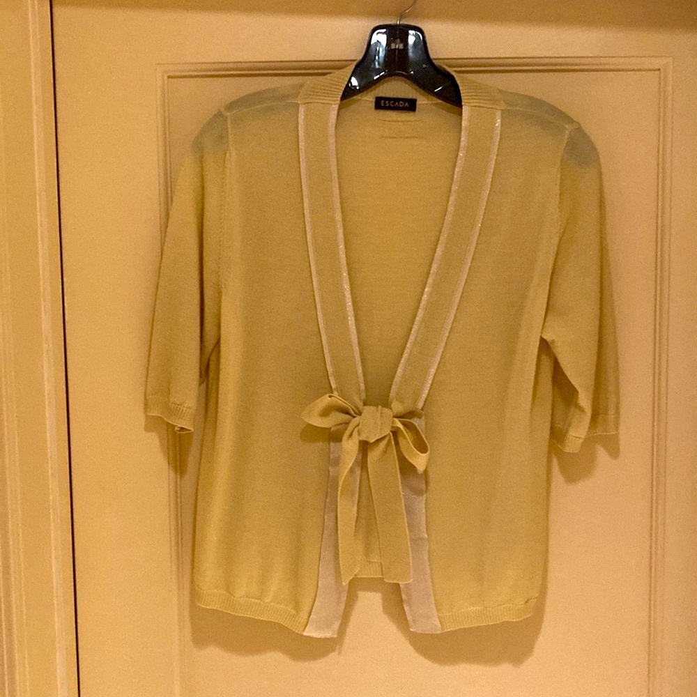 NWOT ESCADA lightweight silk/wool blend tie detail cardigan, lime green, size M.